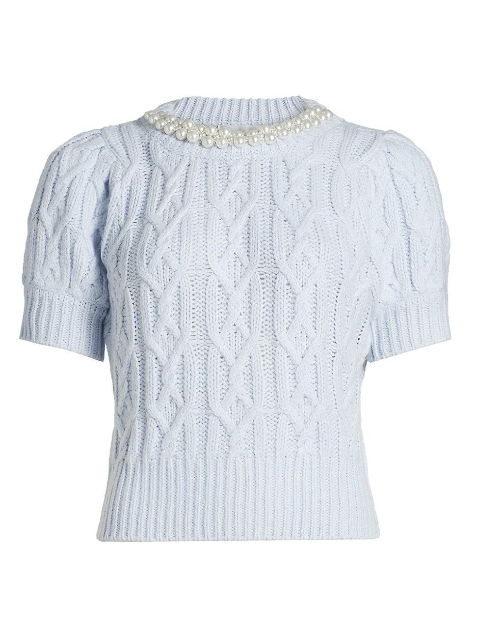 Womens Faux Pearl Cable-Knit Short-Sleeve Sweater Product Image