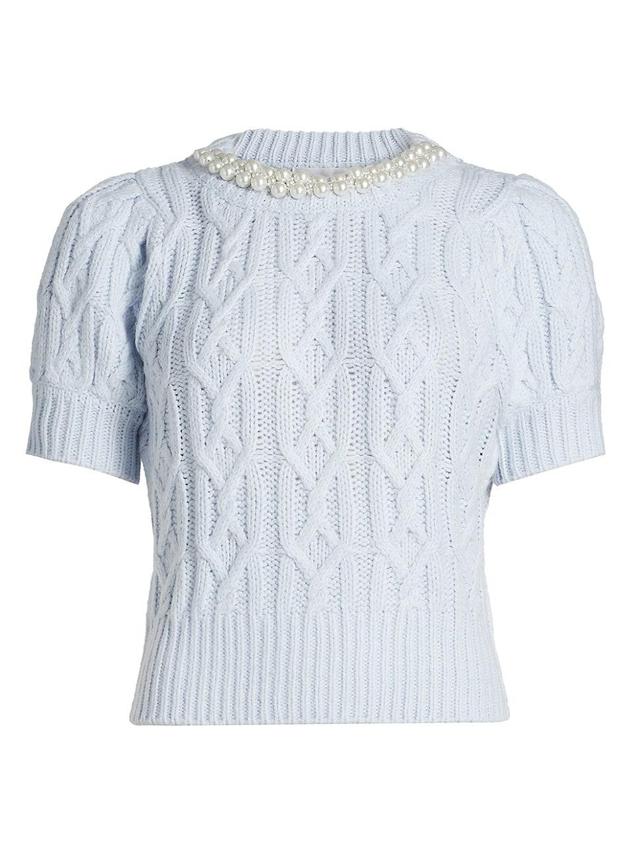 Womens Faux Pearl Cable-Knit Short-Sleeve Sweater Product Image