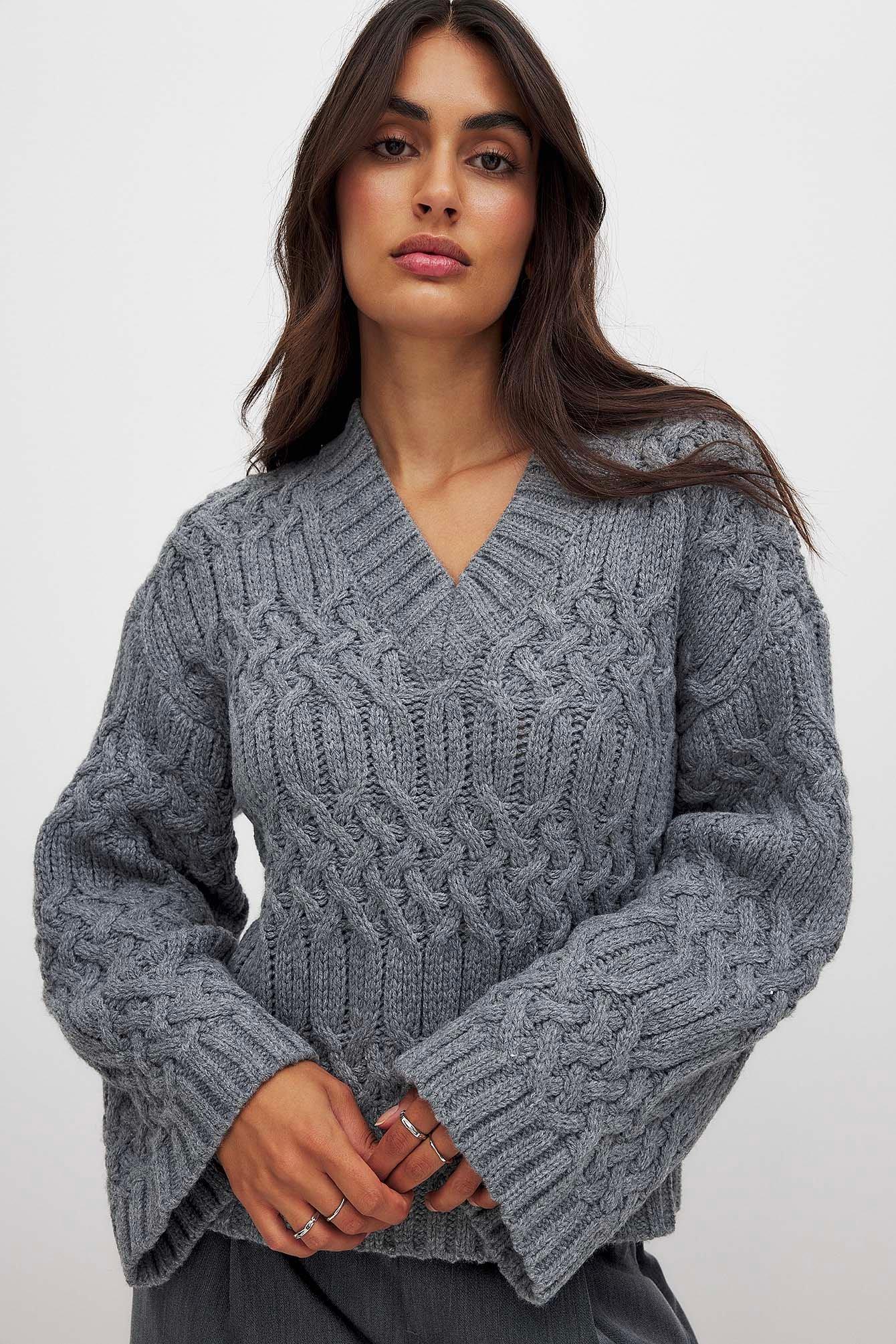 Cable Knitted V-Neck Sweater Product Image