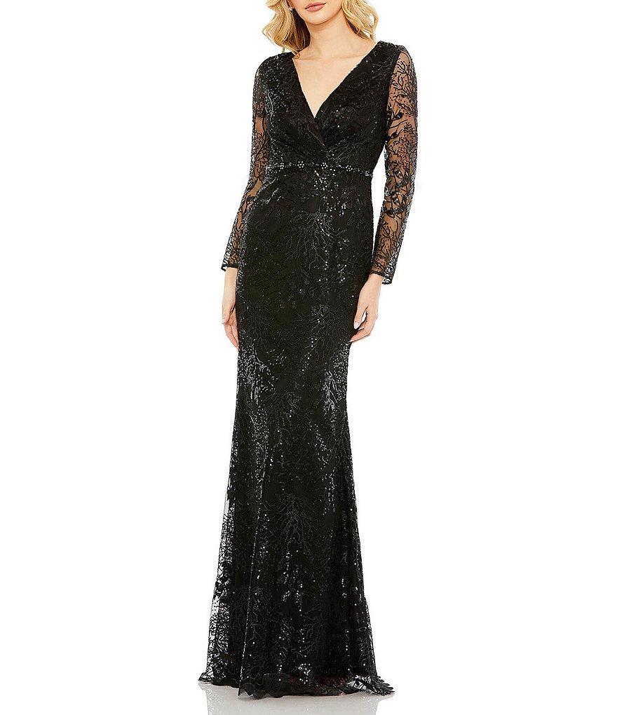 Mac Duggal Sequin Long Sleeve Surplice V-Neck Beaded Sheath Gown Product Image