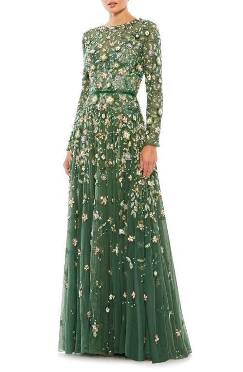 Mac Duggal Floral Sequin Long Sleeve A-Line Gown Product Image