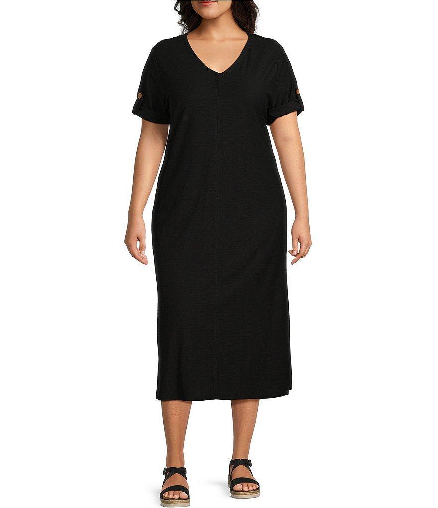 Westbound Plus Size Short Roll-Tab Sleeve V-Neck Midi Dress Product Image