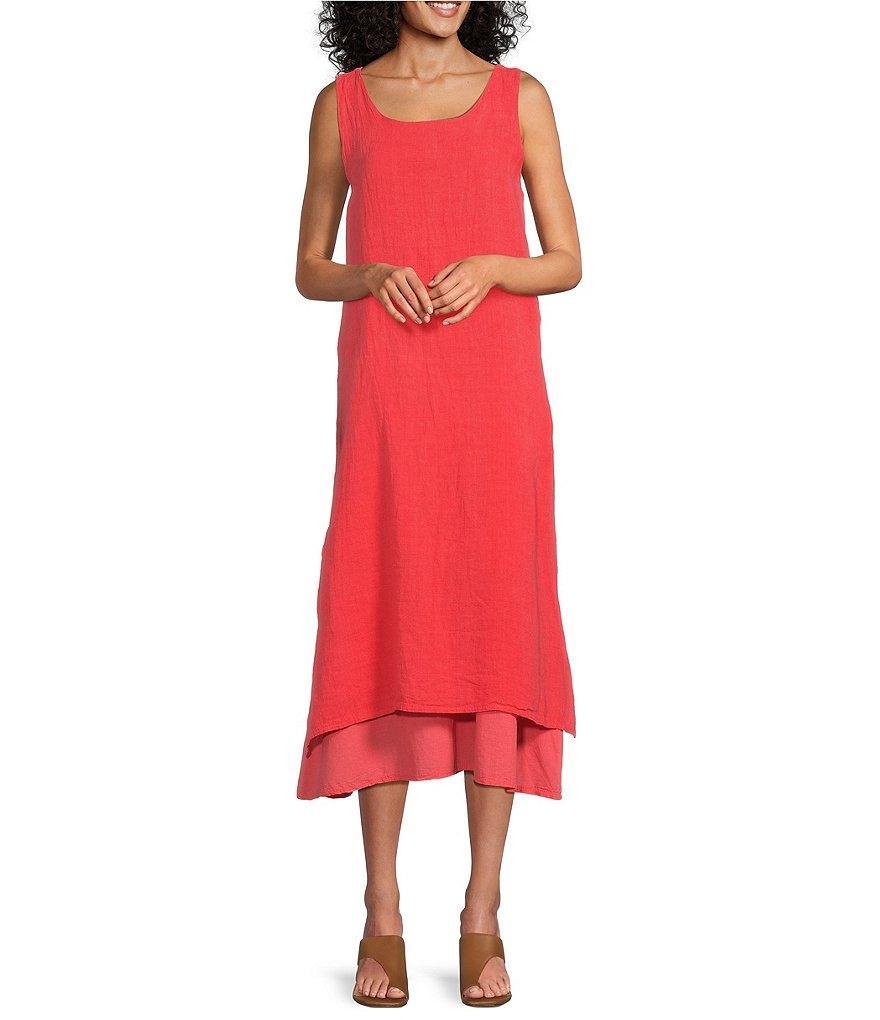 M Made In Italy Linen Scoop Neck Sleeveless Side Slit Layered Midi Shift Dress Product Image