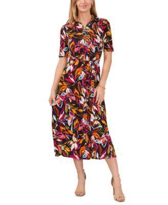 Women's Printed Front-Zip Collared Midi Dress Product Image