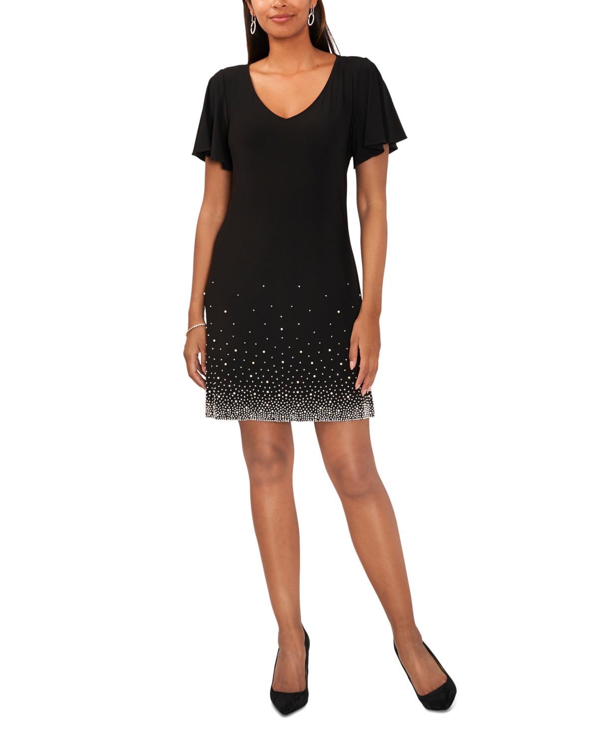 Msk Womens V-Neck Short-Sleeve Embellished-Hem Shift Dress Product Image