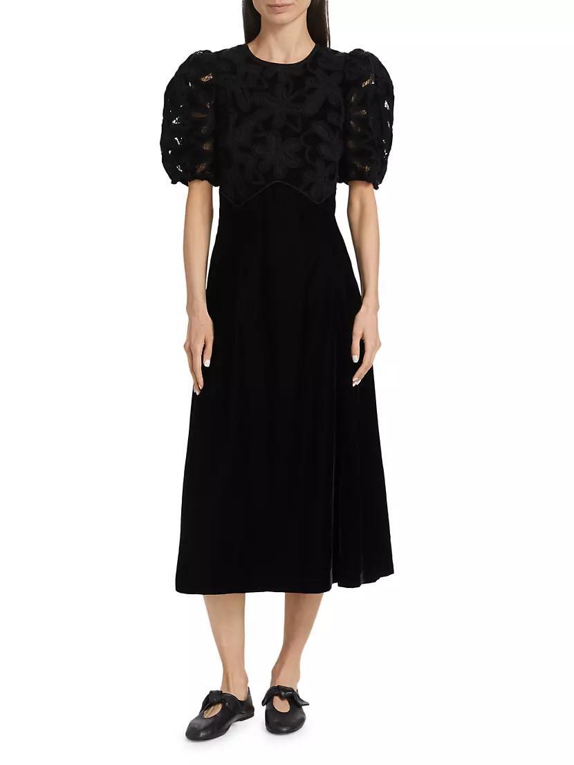 Alice Embroidered Velvet Puff-Sleeve Midi-Dress Product Image