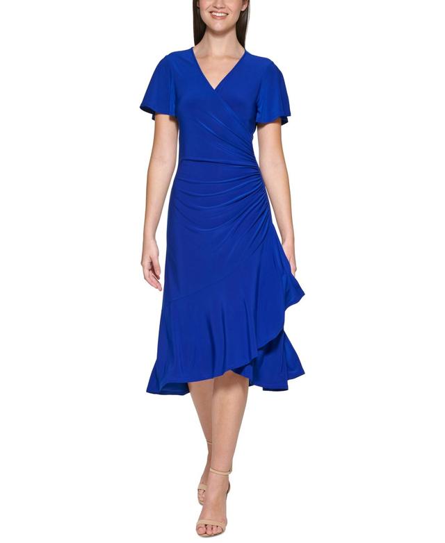 Kensie Ruched Waist Faux Wrap Surplice V-Neck Short Flutter Sleeve Midi Dress Product Image