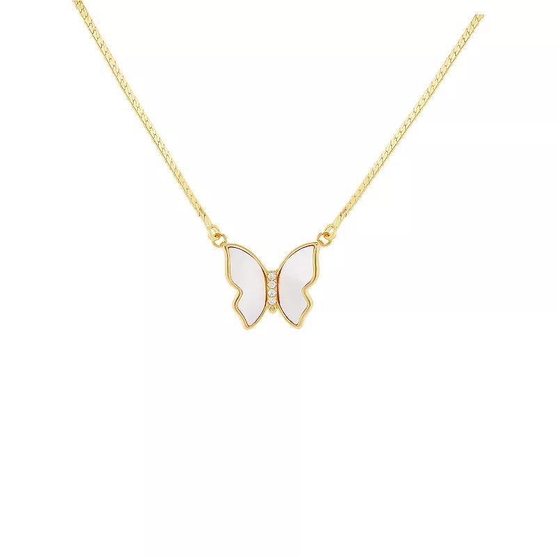 Emberly Gold Tone White Shell and Glass Stone Butterfly Pendant Necklace, Womens, Yellow Gold Tone Product Image