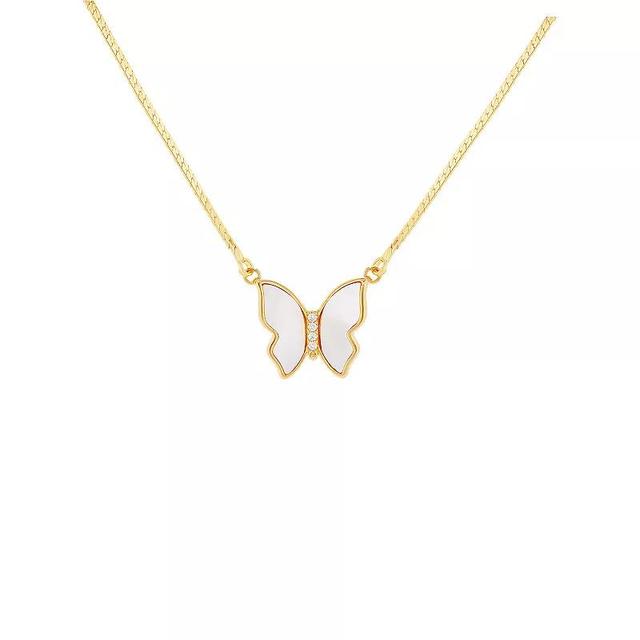 Emberly Gold Tone White Shell and Glass Stone Butterfly Pendant Necklace, Womens, Yellow Gold Tone Product Image