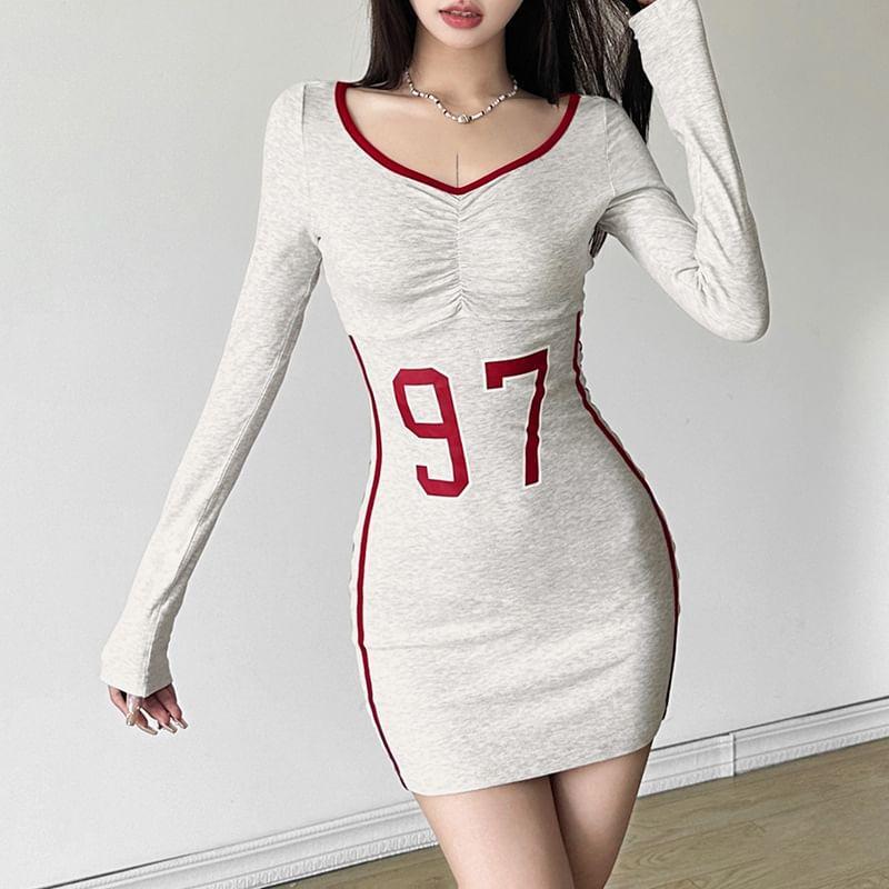 Long-Sleeve Off-Shoulder Number Print Striped Mini Sheath Dress Product Image