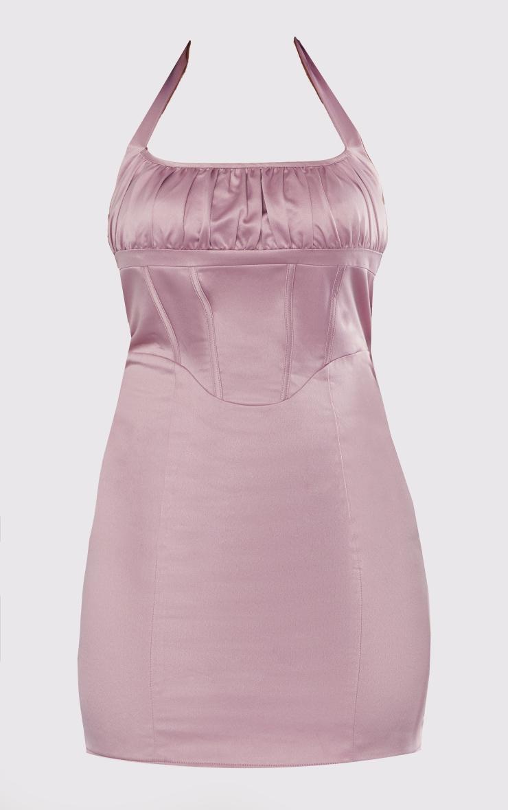 Mauve Satin Boning Detail Halter Tie Bodycon Dress Product Image