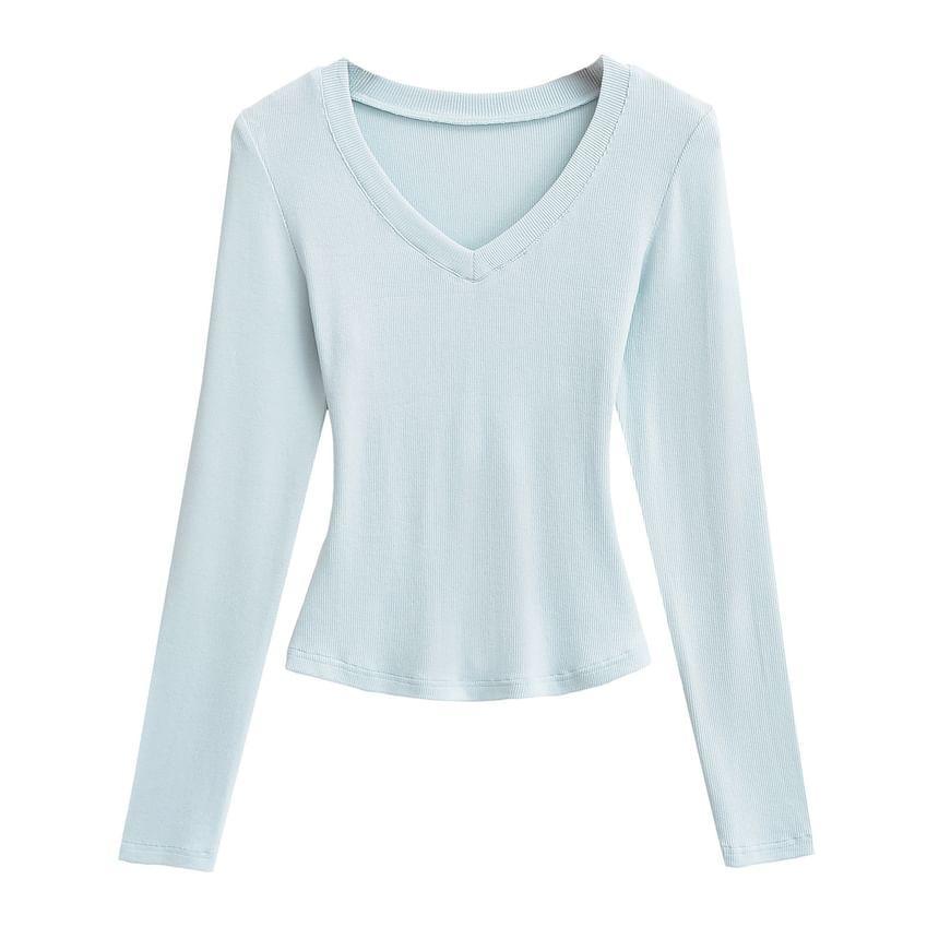 Long-Sleeve V-Neck Plain Crop Top Product Image