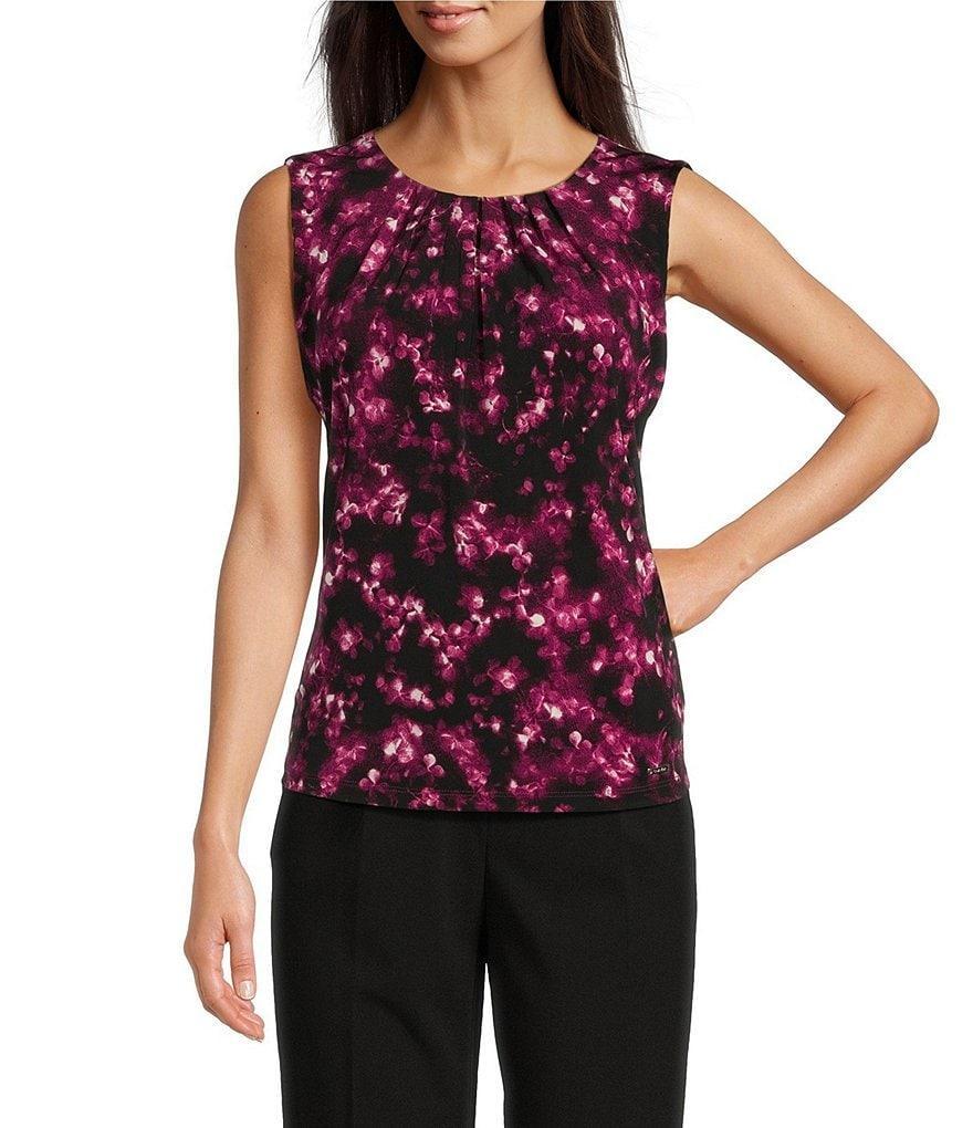 Calvin Klein Abstract Printed Jewel Sleeveless Pleat Neck Cami Top Product Image