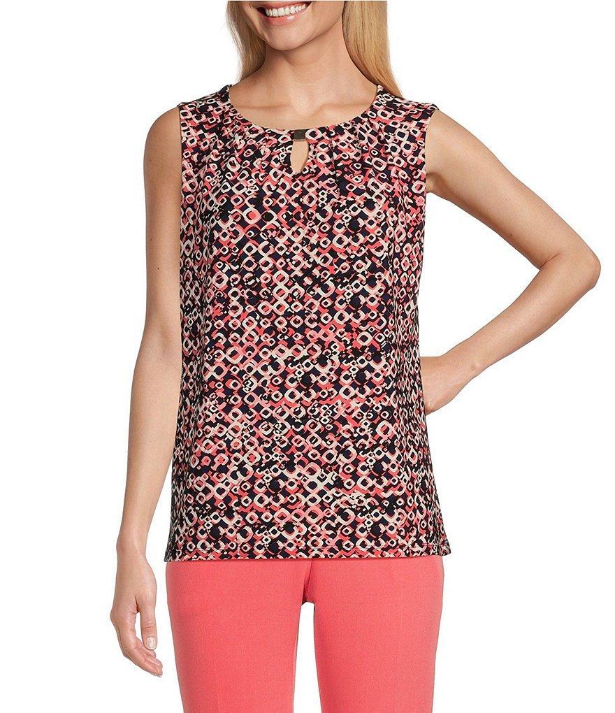 Kasper Petite Size Printed Hardware Detail Keyhole Neck Sleeveless Pleated Blouse Product Image