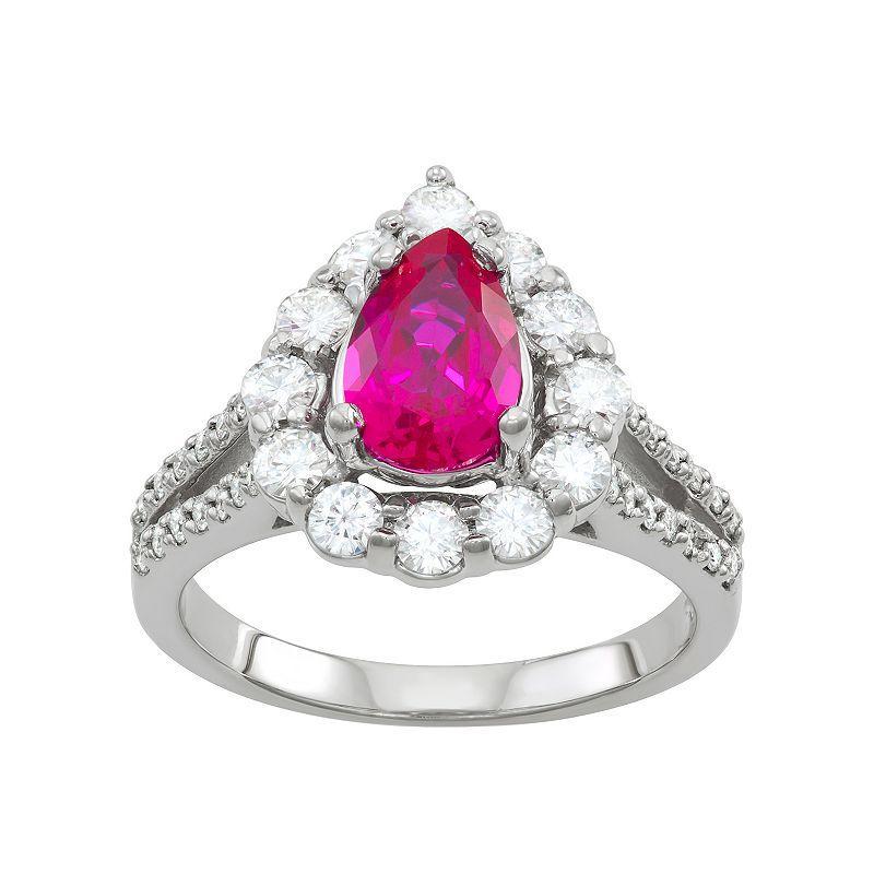 Charles & Colvard 14k White Gold Lab-Created Ruby & 2 3/4 Carat T.W. Lab-Created Moissanite Teardrop Halo Ring, Womens Product Image