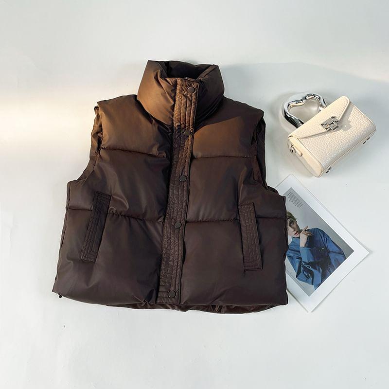 High Neck Plain Zip-Up Puffer Vest Product Image