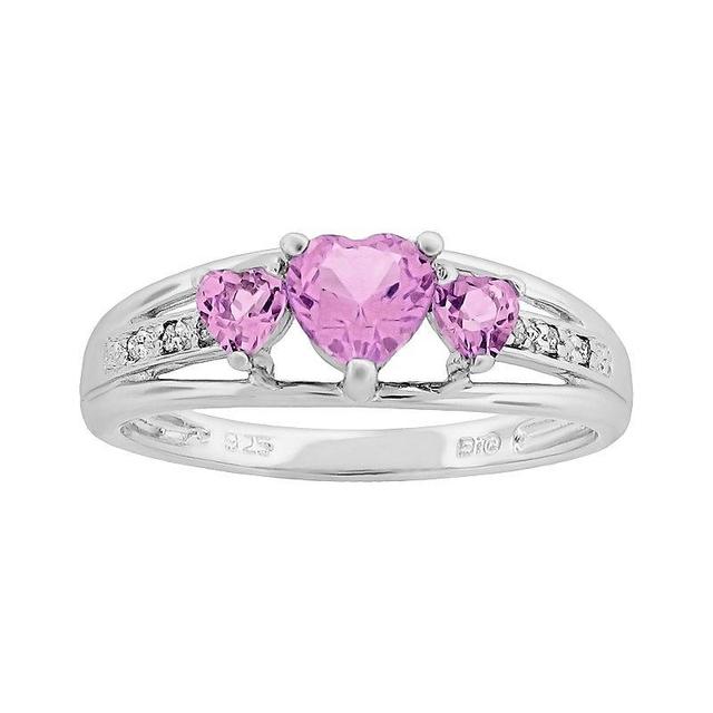 Gemminded Sterling Silver Lab-Created Pink Sapphire and Diamond Accent Heart 3-Stone Ring, Womens Pink Blue Product Image