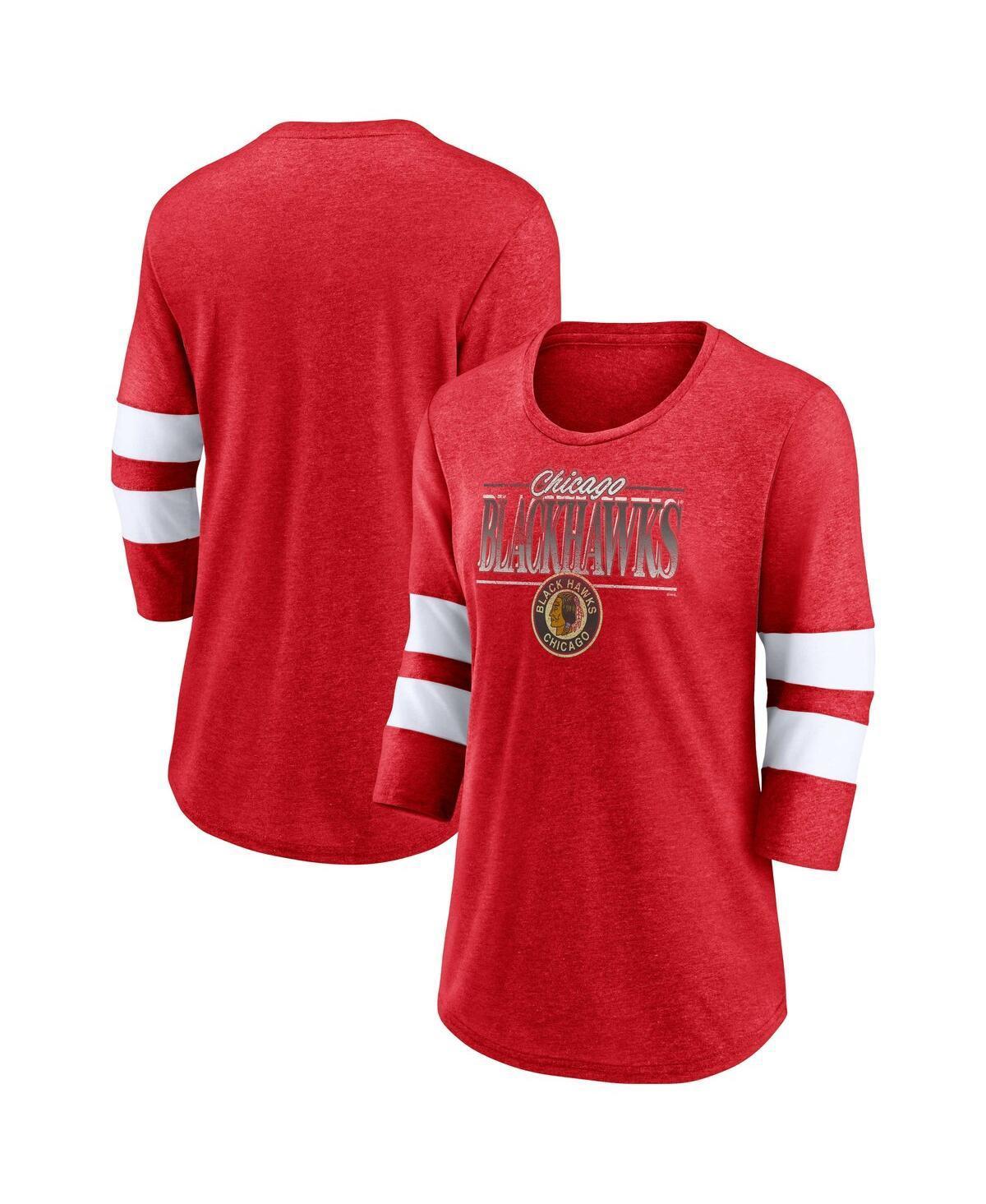 Womens Fanatics Heathered Red Distressed Chicago Blackhawks Full Shield 3/4-Sleeve Tri-Blend Raglan Scoop Neck T-shirt - Heathered Red Product Image