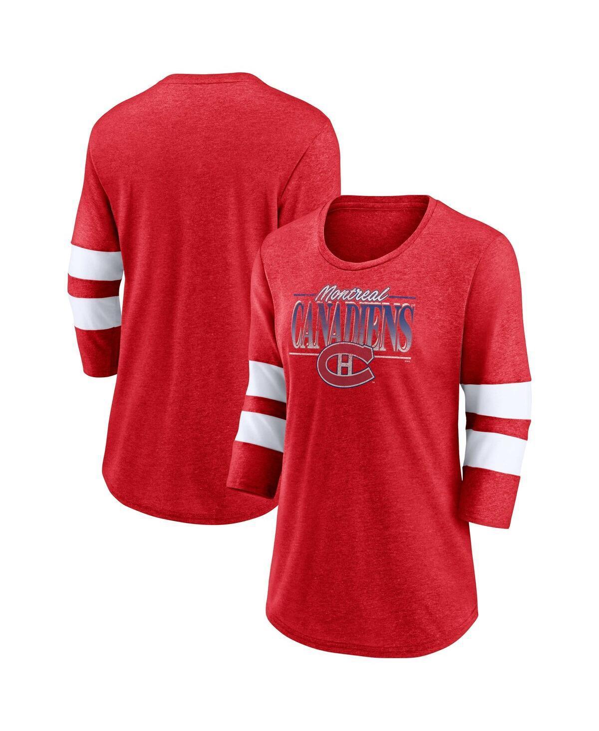 Womens Fanatics Branded Heathered Red/White Montreal Canadiens Full Shield 3/4-Sleeve Tri-Blend Raglan Scoop Neck T-Shirt Product Image