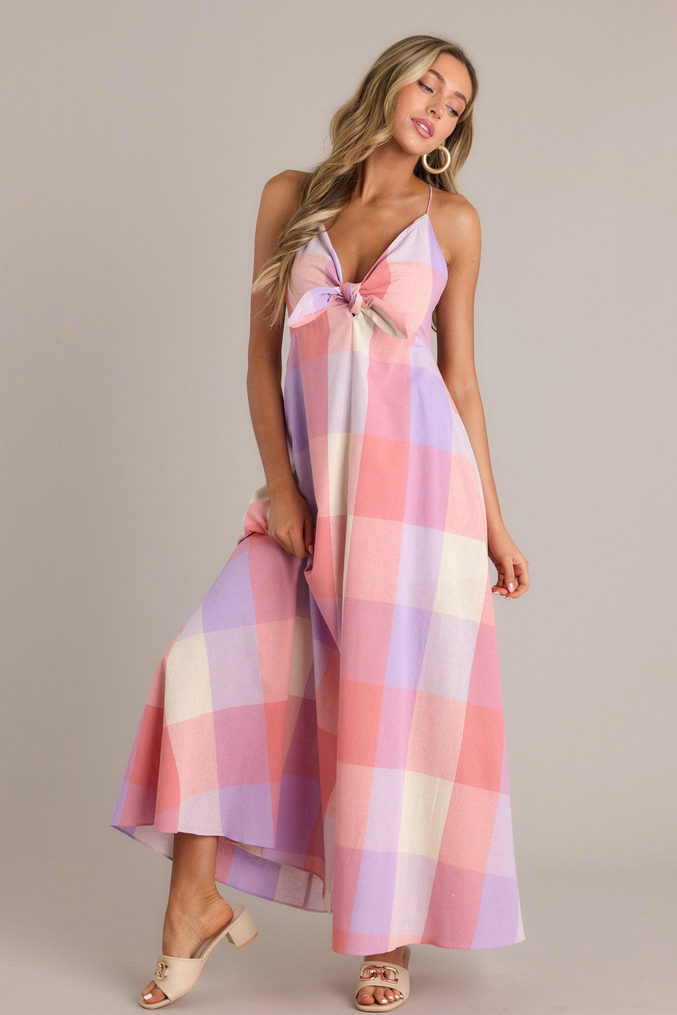 Pastel Dreams Pink Multi Plaid Cotton Blend Maxi Dress Product Image