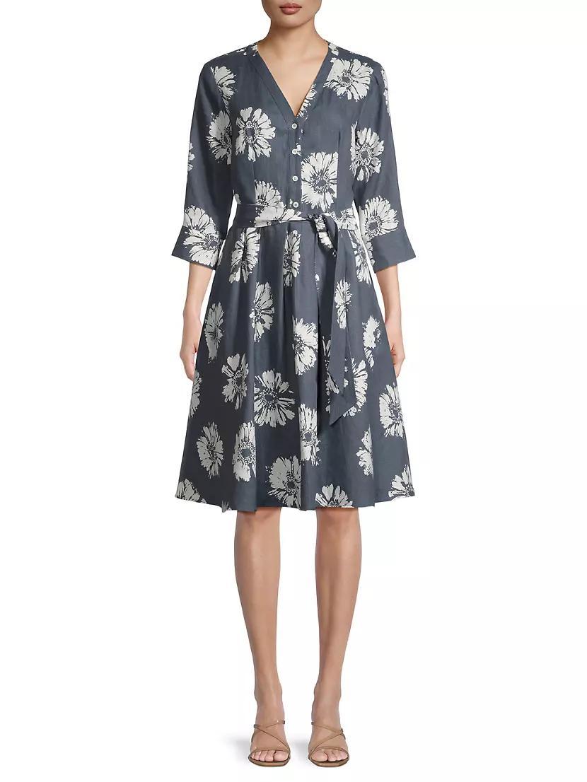 Floral Linen Belted Midi-Dress Product Image