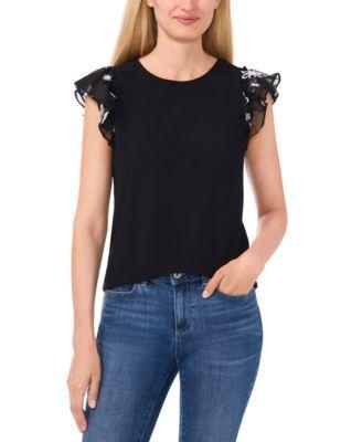 CeCe Womens Mixed-Media Double-Ruffle Flutter-Sleeve Knit Top Product Image