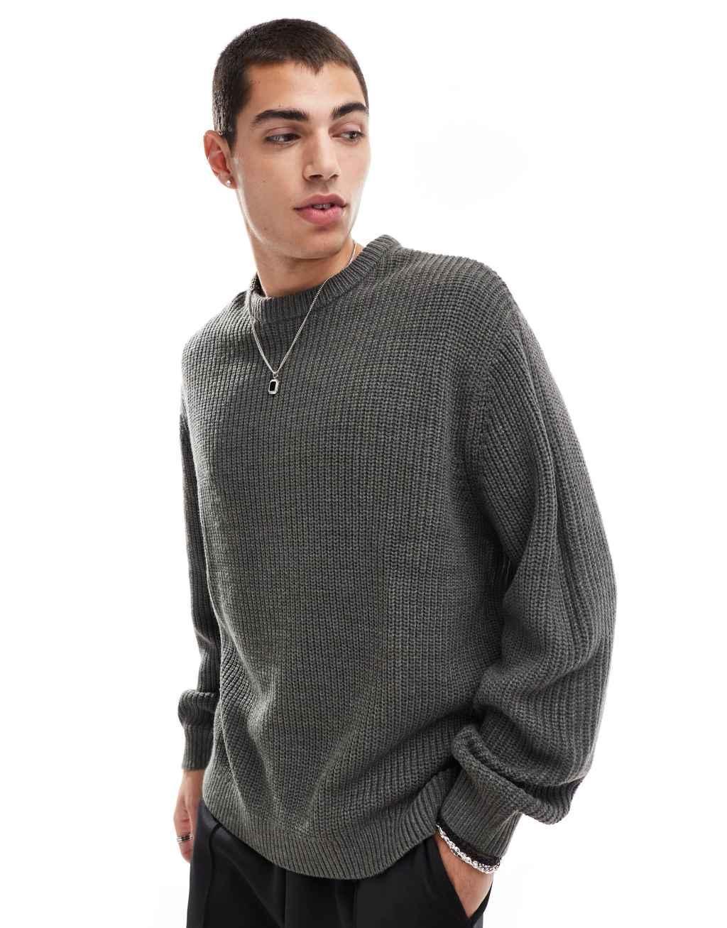 ASOS DESIGN oversized knitted fisherman rib sweater in charcoal heather Product Image