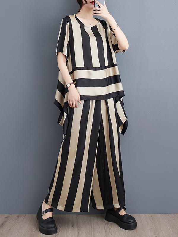 Irregular Clipping Loose Striped Round-Neck T-Shirt + Wide Leg Pants Two Pieces Set Product Image