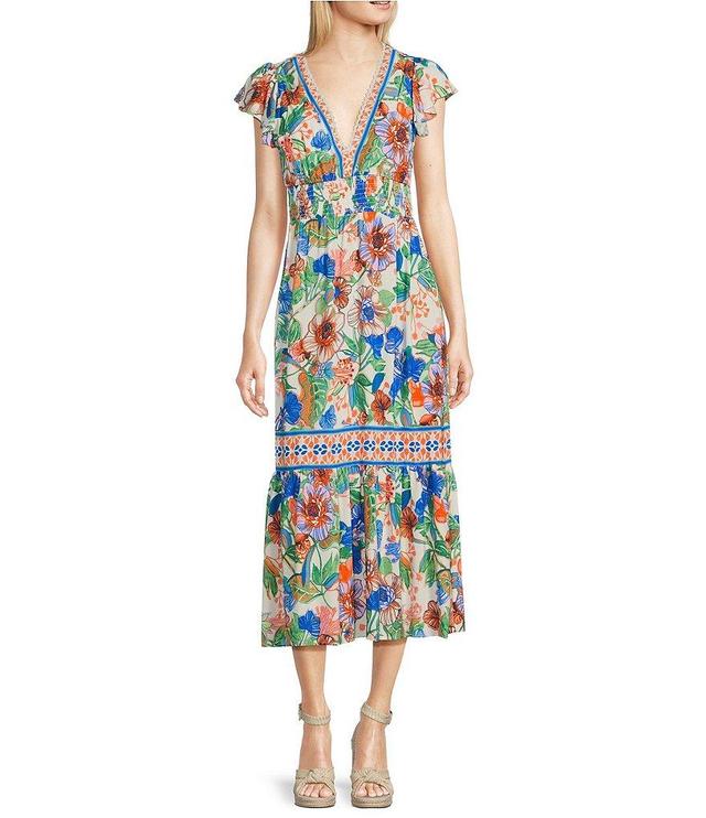 Adrianna by Adrianna Papell Floral V-Neckline Flutter Cap Sleeve Midi Dress Product Image