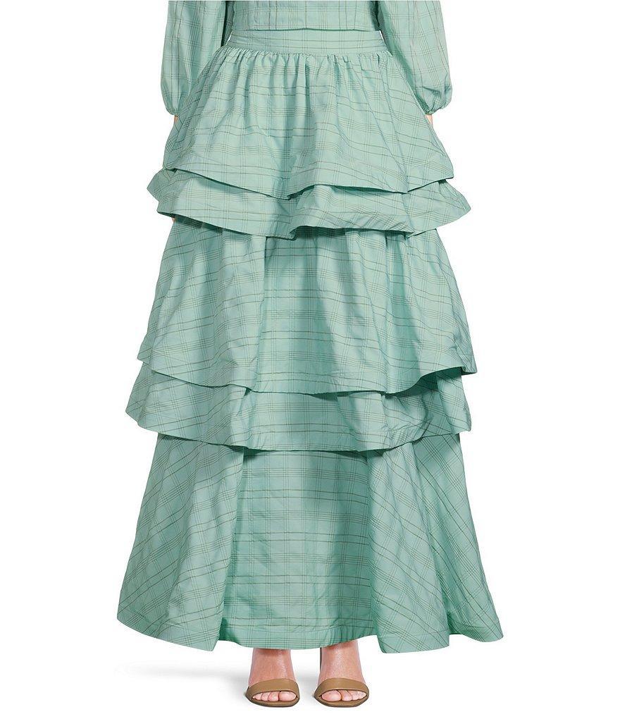 Buru Teagan Tiered Ruffle Textured Stripe Full Length A-Line Pocketed Coordinating Skirt Product Image