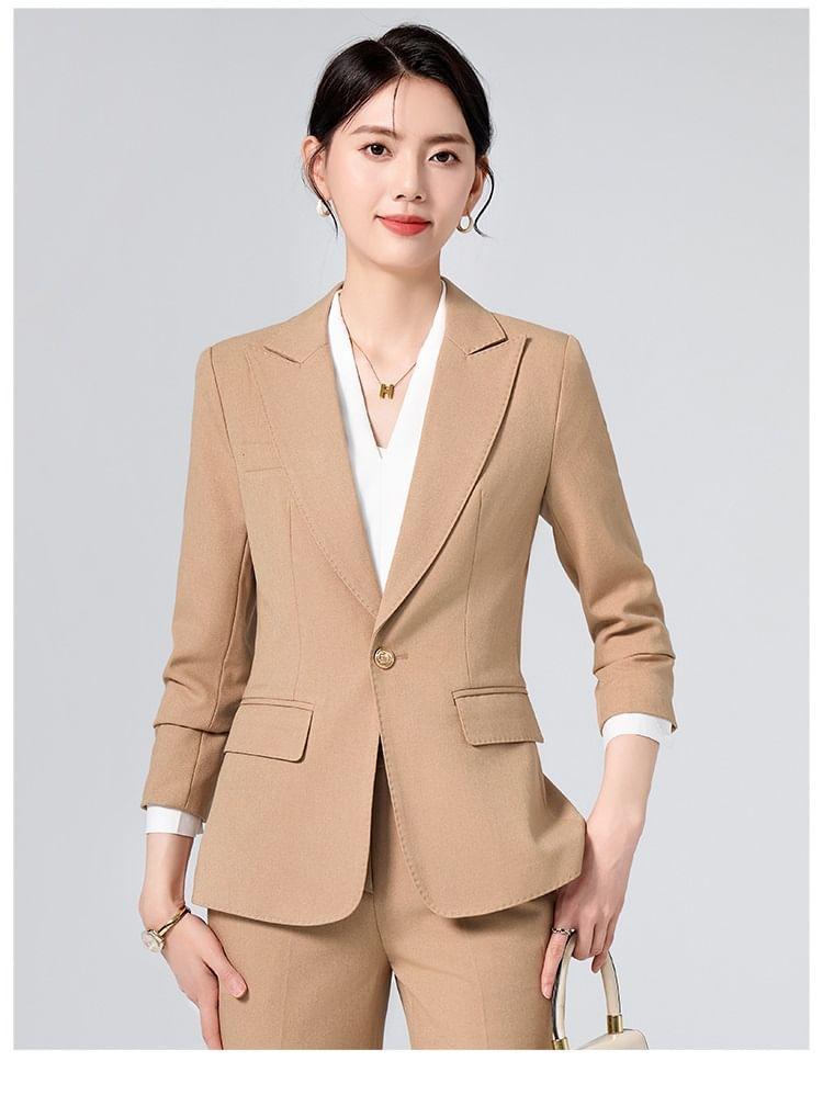 Set: Lapel Collar Plain Single Breasted Blazer + Mid Waist Plain Slacks Product Image