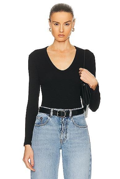 Enza Costa Textured Rib Long Sleeve U Top Black. (also in XS). Product Image