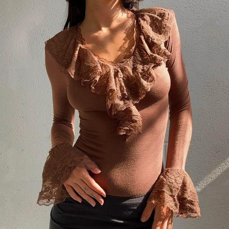 Long-Sleeve V-Neck Plain Lace Trim Slim Fit Tee Product Image