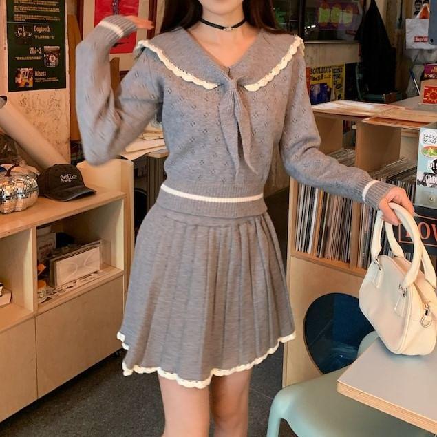 Long-Sleeve Sailor Collar Contrast Lace Trim Perforated Crop Knit Top / High Rise Pleated Mini A-Line Skirt Product Image