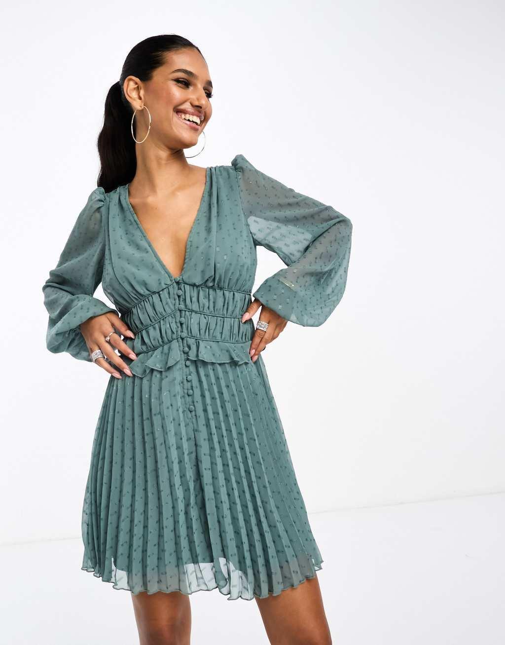 ASOS DESIGN button up ruched waist pleated mini dress Product Image