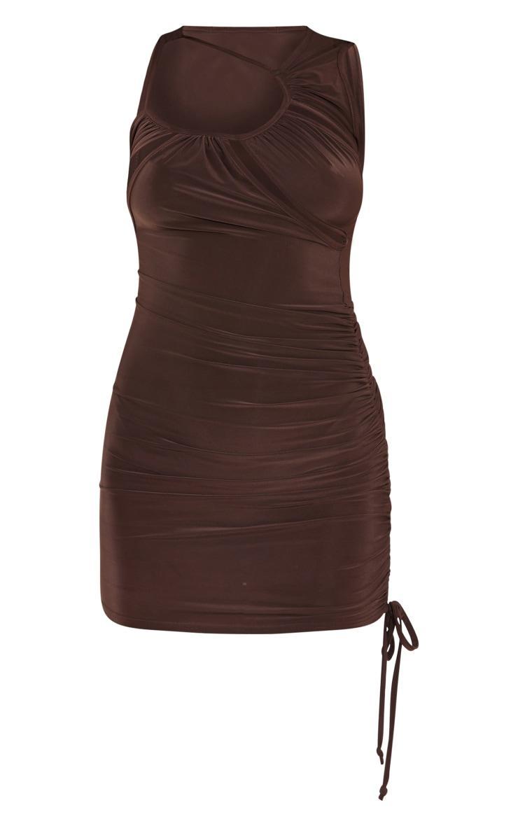 Chocolate Slinky Cut Out Detail Ruched Sleeveless Bodycon Dress Product Image