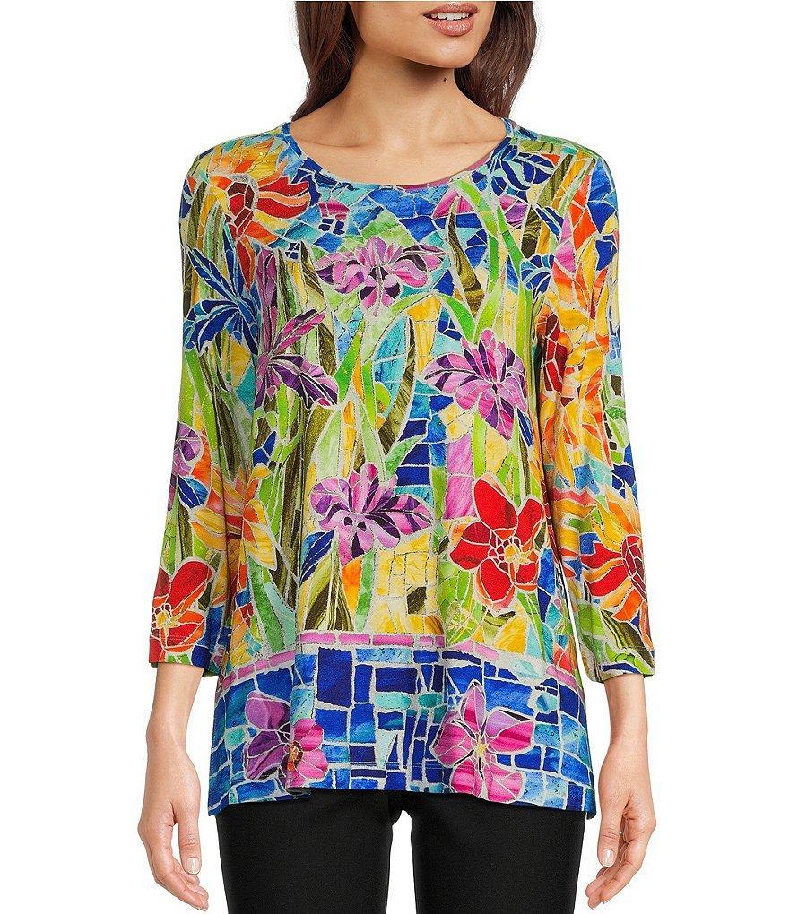 Ali Miles Knit Scoop Neck 3/4 Sleeve Side Slits Tunic Product Image