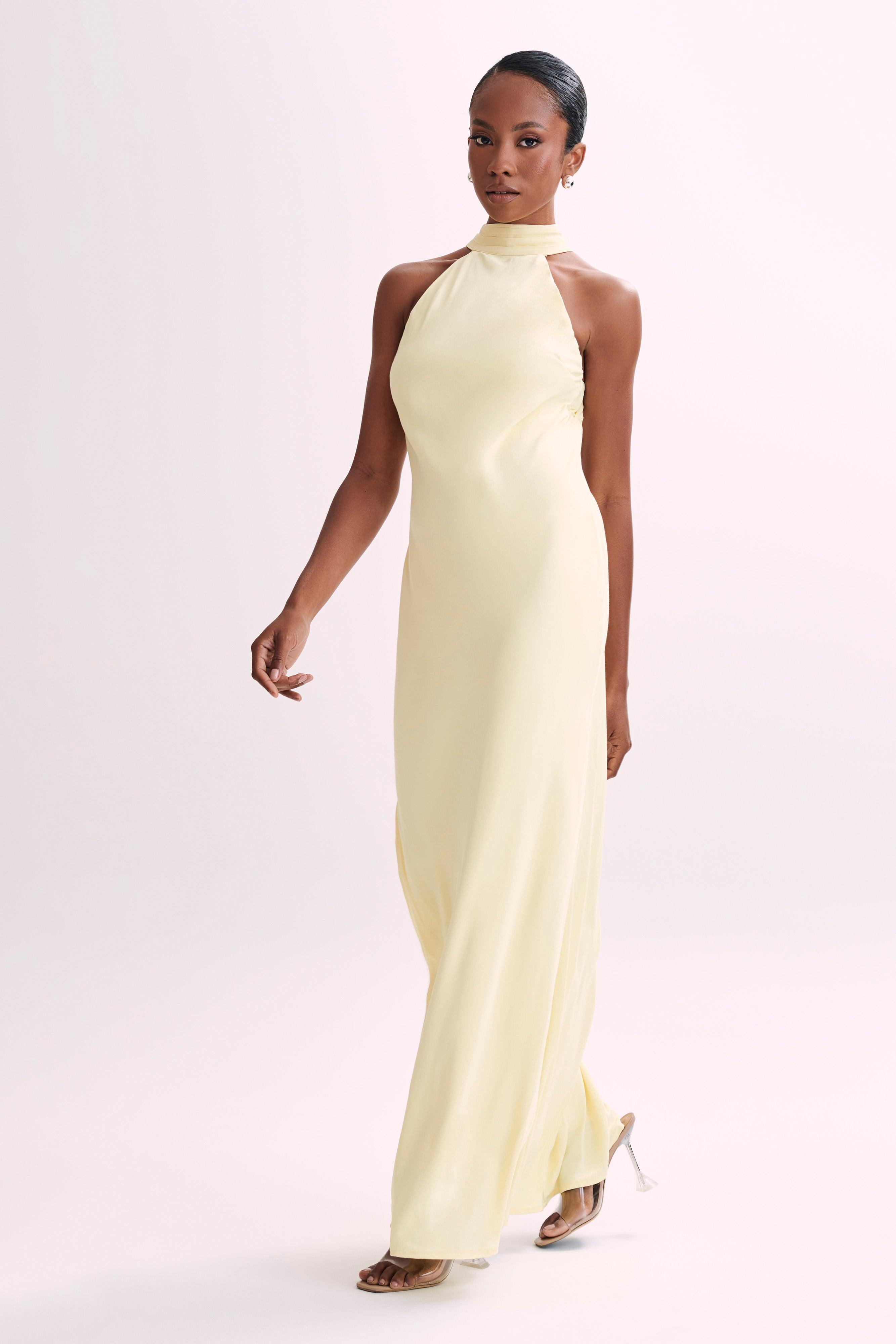 Claire Matte Satin Drape Back Maxi Dress - Light Yellow Product Image