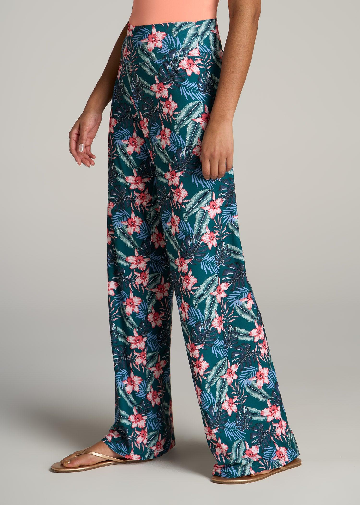 Pull On Breezy Wide Leg Pants for Tall Women in Green Tropical Floral Print Female Product Image