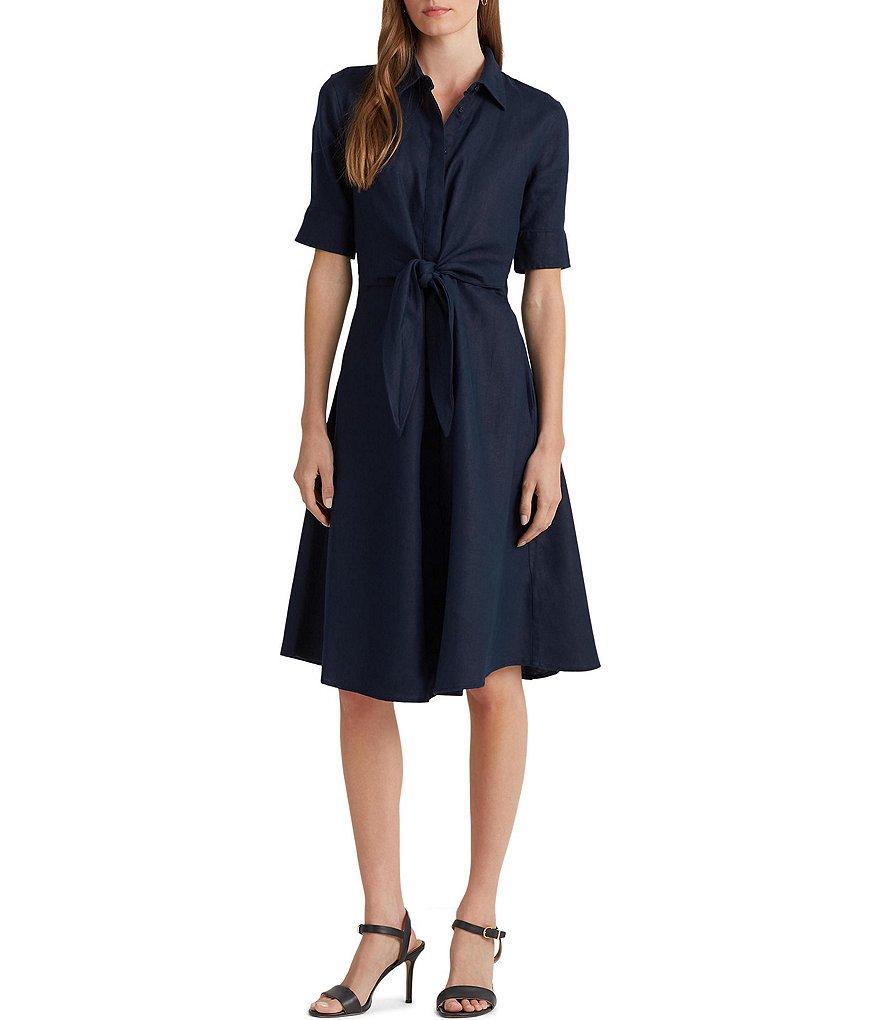 Lauren Ralph Lauren Linen Short Sleeve Button Down Self Tie Waist Shirt Dress Product Image