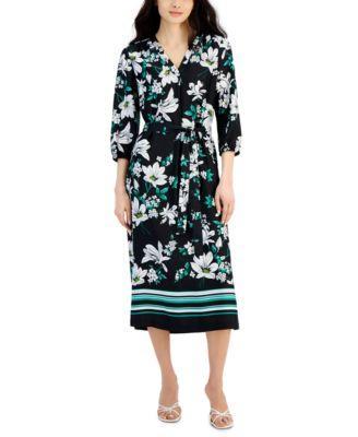 Petite Floral V-neck Belted Midi Dress Product Image