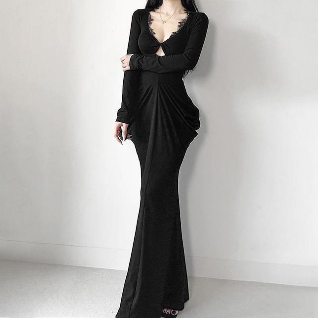 Long-Sleeve V-Neck Plain Cutout Lace Panel Maxi Sheath Dress Product Image