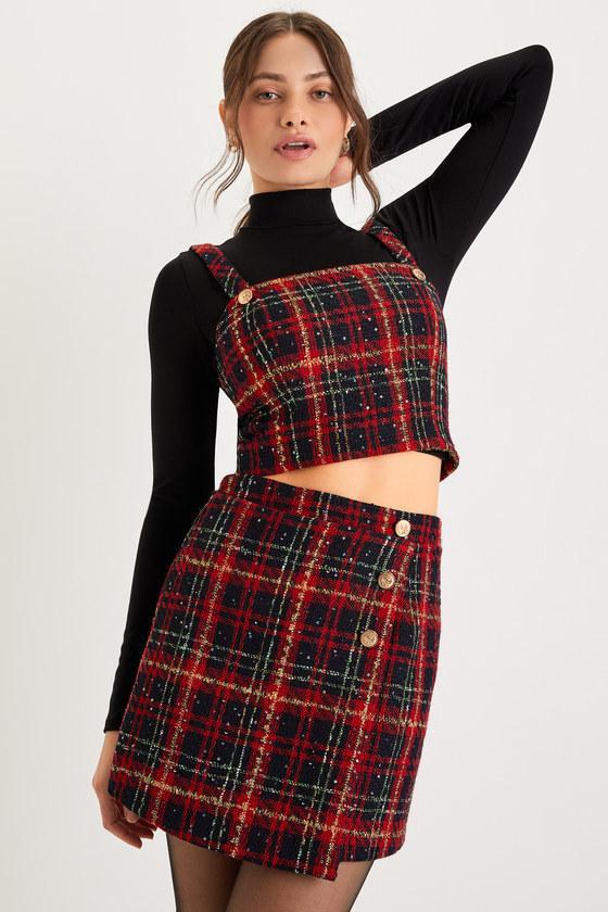 Adorably Posh Navy Blue and Red Plaid Tweed Faux-Wrap Mini Skirt Product Image