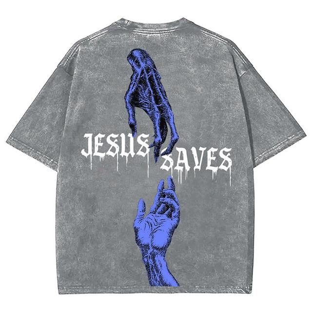 Men's Short Sleeve Jesus Saves Unisex Printed Acid Washed T-Shirt Product Image