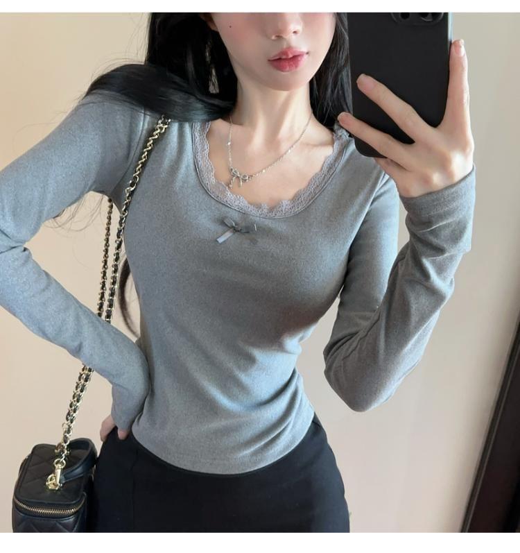 Long-Sleeve Scoop Neck Plain Bow Lace Trim T-Shirt Product Image