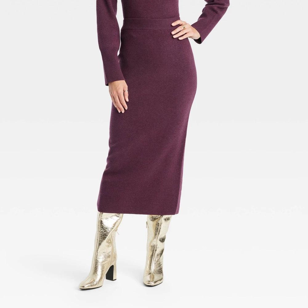 Womens Cozy Knit Midi Sweater Skirt - A New Day Burgundy XS Product Image