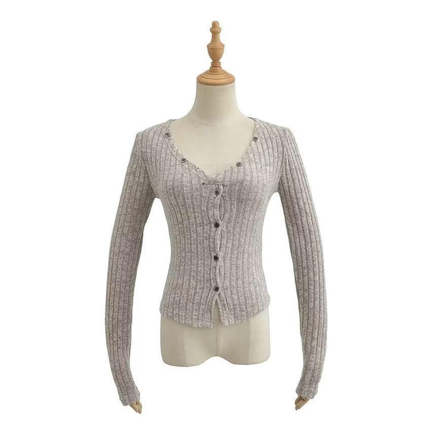 V-Neck Button-Up Plain Crop Cardigan Product Image