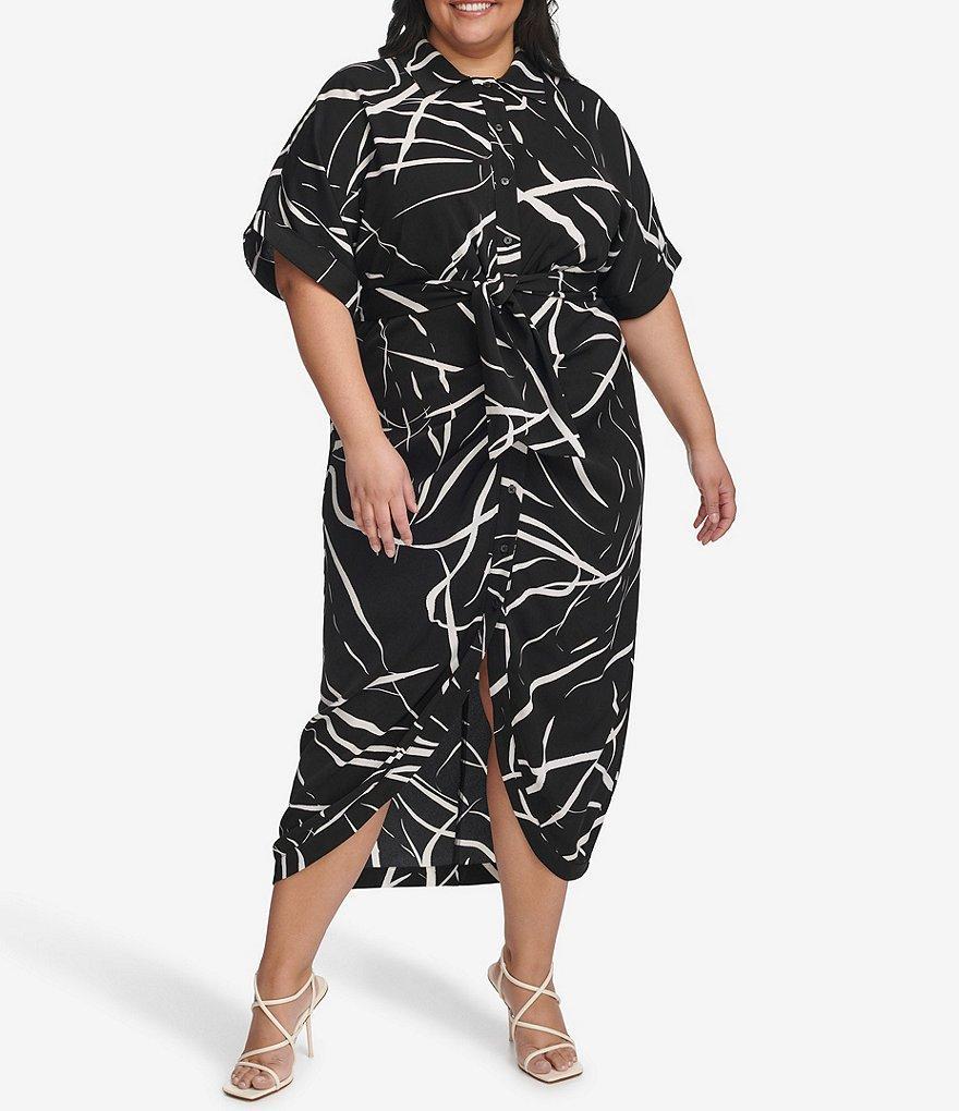 DKNY Plus Size Short Sleeve Point Collar Tie Waist Printed Midi Dress Product Image