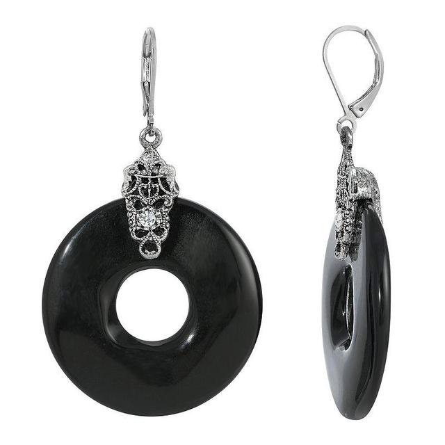 1928 Silver Tone Black Open Circle Drop Earrings, Womens Product Image