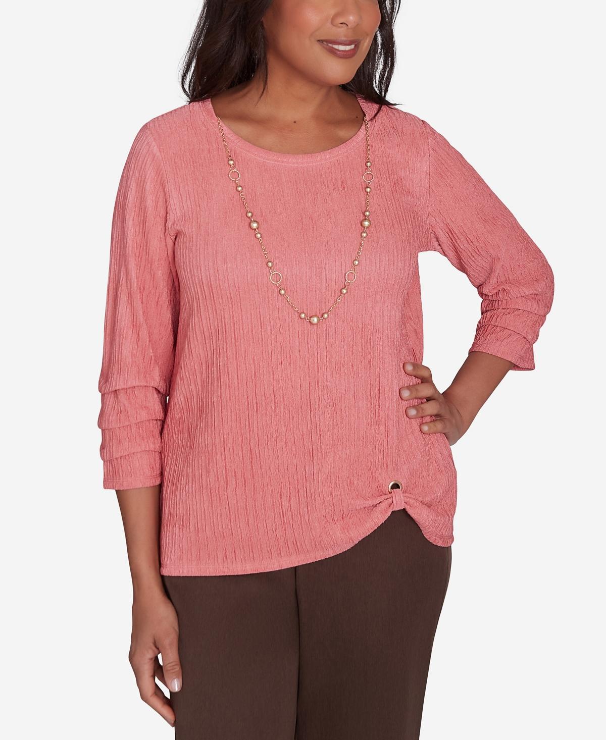 Petite Alfred Dunner Textured Novelty Sleeve Top with Detachable Necklace, Womens Pink Product Image